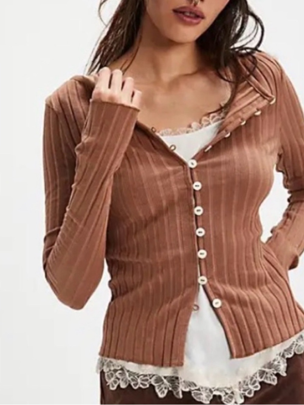 Free People Ribbed Button-Front Tilly long-sleeve cardigan